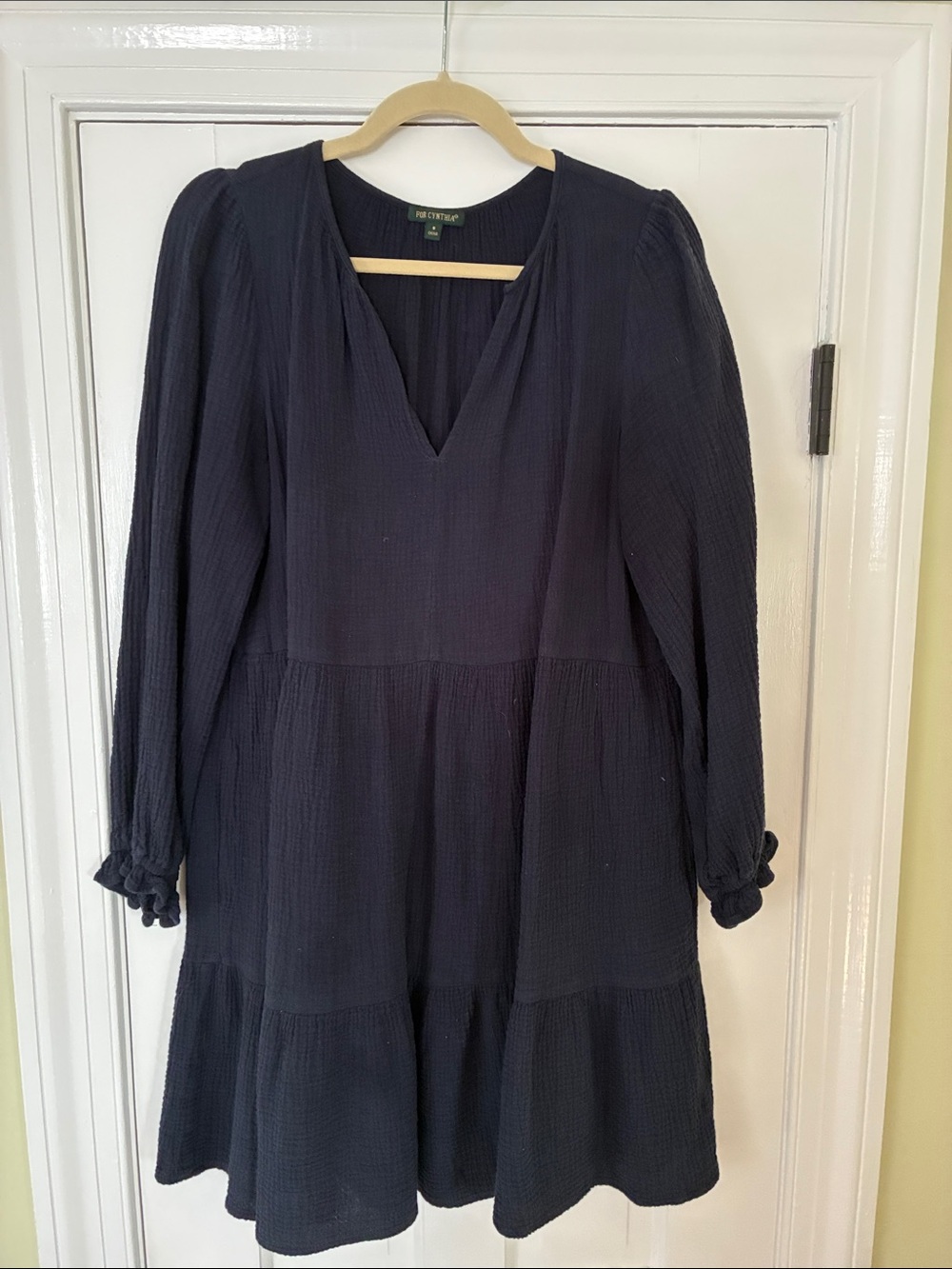 For Cynthia Navy Long-Sleeve Tiered V-Neck Dress